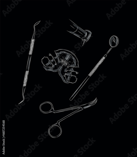 Orthodontic align teeth plate with dental examination tools drawing in graphic style with white on black background.