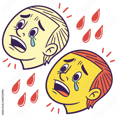 Distressed cartoon faces crying with tears and red drops expressing intense pain and suffering.