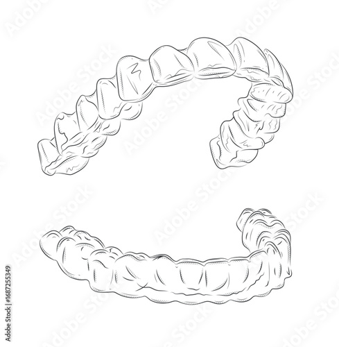 Dental whitening tray for upper and lower teeth illustration drawing in graphic style with black on white background.