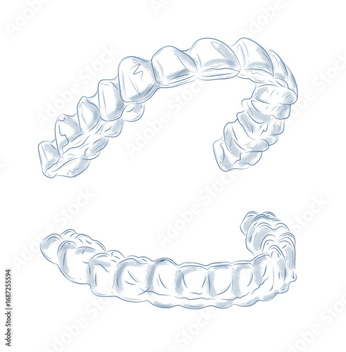 Dental whitening tray for upper and lower teeth illustration drawing in graphic style with blue on white background.
