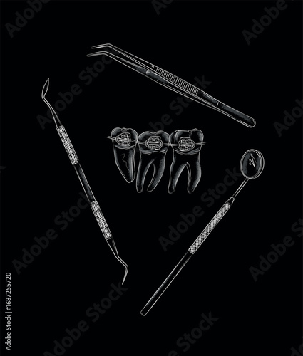 Teeth braces with dental treatment tools illustration drawing in graphic style with white on black background.