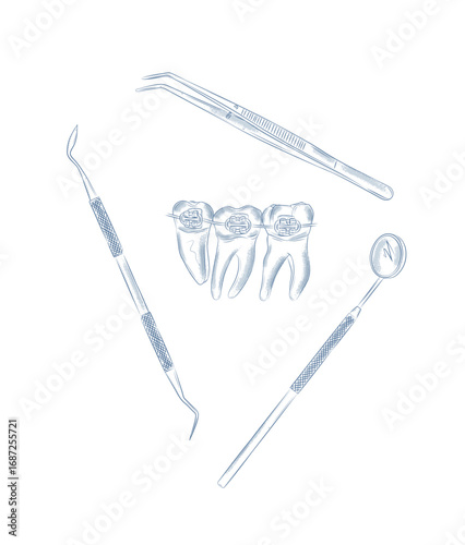 Teeth braces with dental treatment tools illustration drawing in graphic style with blue on white background.