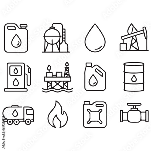Oil & Gas line icon set. Containing fuel, refinery, petroleum, oil well, gas pump, offshore platform, lubricant, 
oil barrel vector