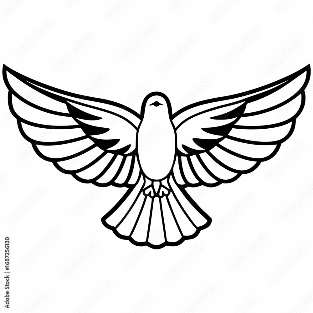 Obraz premium Illustration of a dove with outstretched wings in black and white outline style symmetrical design art