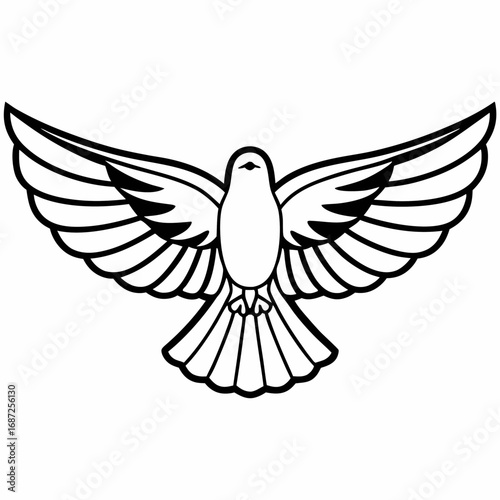 Illustration of a dove with outstretched wings in black and white outline style symmetrical design art
