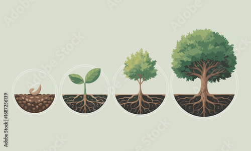 Growth stages of a tree seedling, from seed to full tree, representing life cycle and development