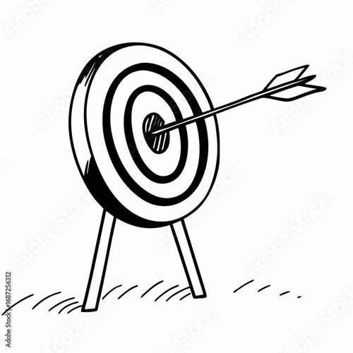 Illustration of a target with black and white concentric circles and an arrow in the center bullseye