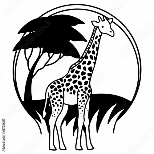 Giraffe standing tall in a circular frame with a tree and grass in a black and white illustration