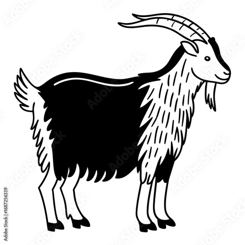 Illustration of a black and white goat with horns and beard standing in a side profile view on white background