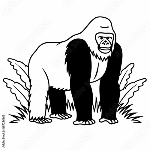 A majestic gorilla standing tall amidst lush foliage in a striking black and white illustration