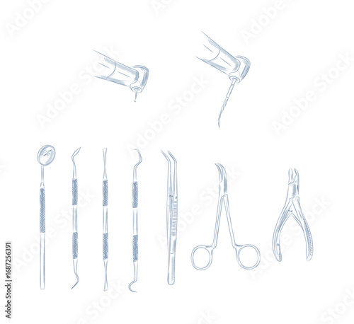 Dentist surgery and dental treatment tools illustration drawing in graphic style with blue on white background.
