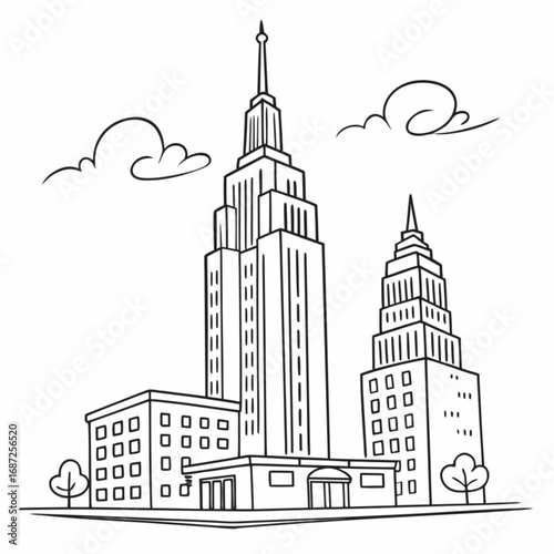 Black and White Cartoon Cityscape with Two Tall Buildings.