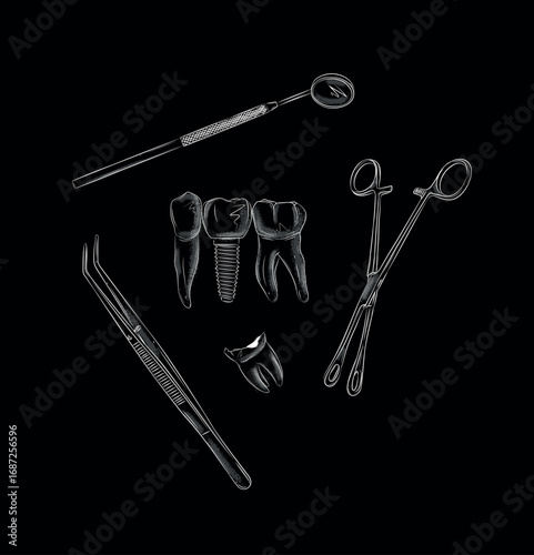Tooth healthy, with caries, implant and dental treatment tools drawing in graphic style with white on black background