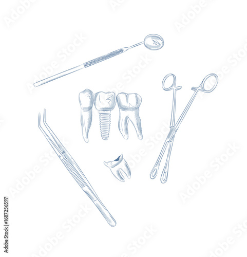 Tooth healthy, with caries, implant and dental treatment tools drawing in graphic style with blue on white background