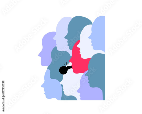 One brave red profile blows a whistle amidst a silent blue crowd, symbolizing courage, dissent, and the impactful act of speaking out or whistleblowing within a larger group context