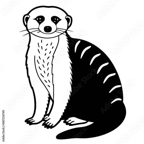 Illustration of a black and white meerkat sitting upright with a striped back and fluffy chest fur