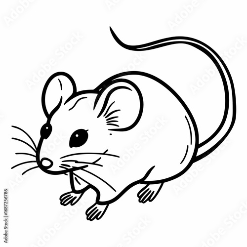 Illustration of a cartoon mouse with a long tail and whiskers in black and white outline style art