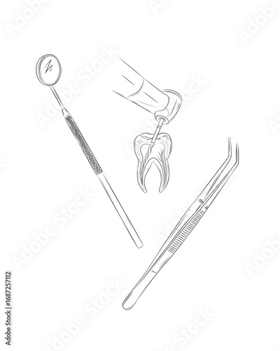 Dental care with dentist machine and tooth canal treatment elements mirror and tweezers drawing with black on white background