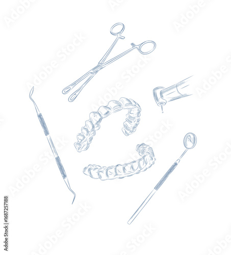 Teeth whitening tray with dental machine, mirror, clamp and examination tools drawing with blue on white background.