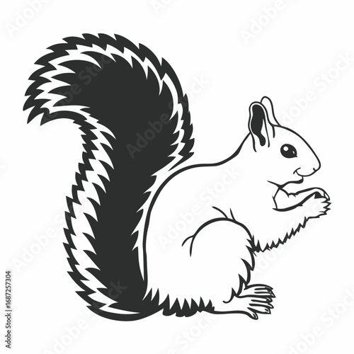 Illustration of a squirrel in black and white with a bushy tail holding something in its paws