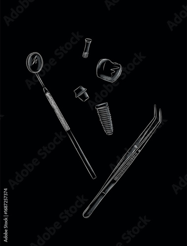 Dental implant structure with dentist mirror and tweezers drawing in graphic style with white on black background.