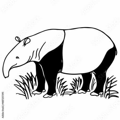 Illustration of a black and white tapir standing in grass with a long snout and small ears looking left