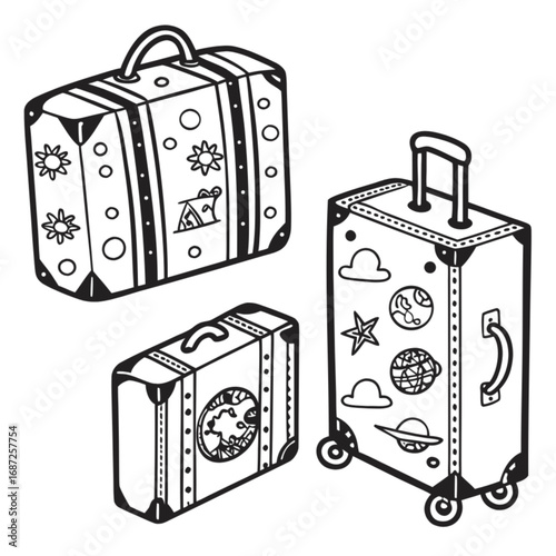 Outlined Travel Suitcases with Decorative Stickers and Handles Isolated Illustration.