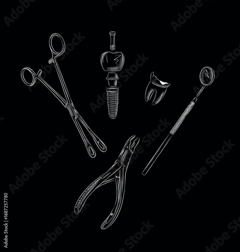 Tooth implant and implantation dental tools clamp, claws and mirror drawing in graphic style with white on black background