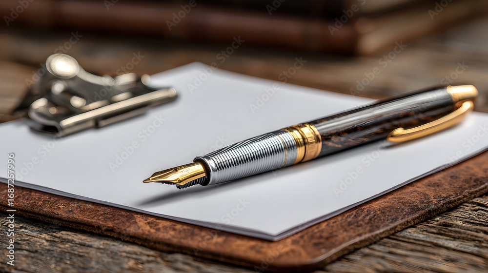 Fototapeta premium A fountain pen rests on a leather notepad on a wooden surface.