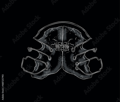 Orthodontic align teeth plate illustration drawing in graphic style with white on black background.