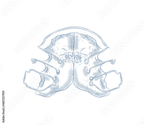 Orthodontic align teeth plate illustration drawing in graphic style with blue on white background.