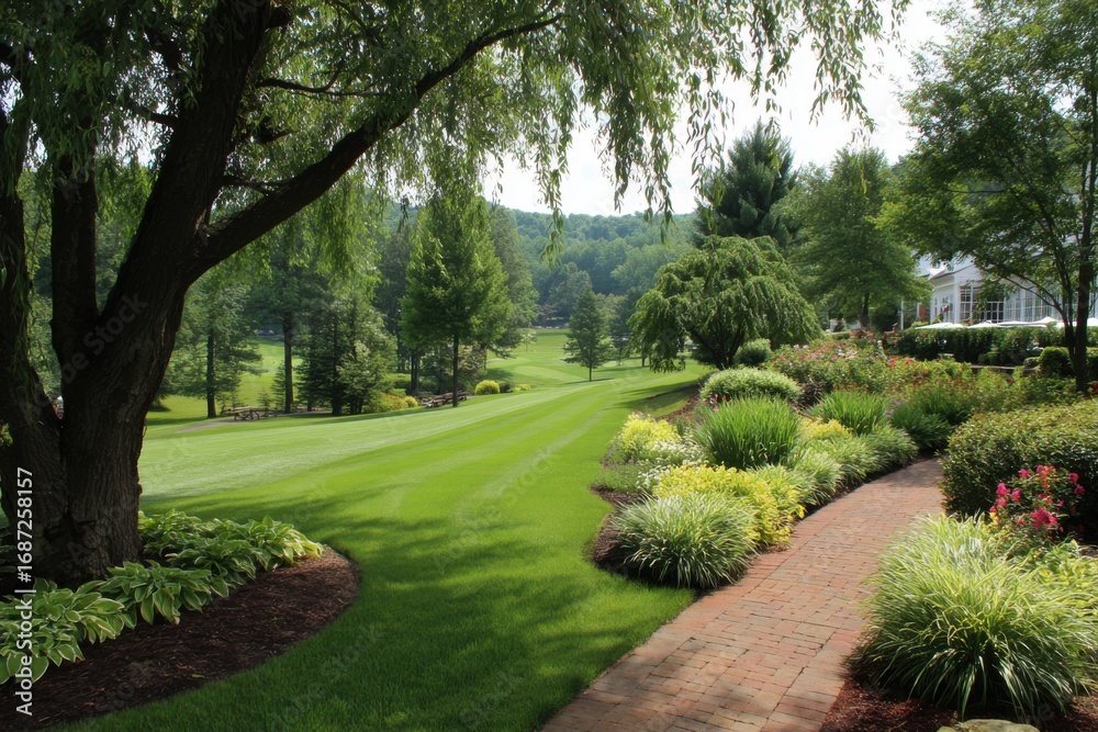 Fototapeta premium Lush Green Landscape with Vibrant Flowers and Serene Pathway