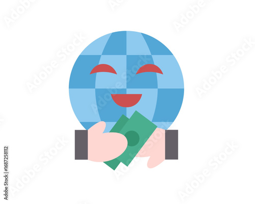 Global finance concept with a happy earth globe receiving money, illustrating international investment and world economy