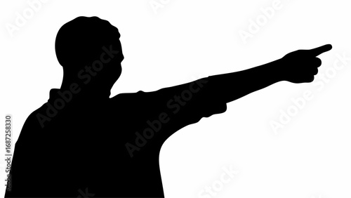 Silhouette of a person pointing with their right arm extended against a white background in a simple style