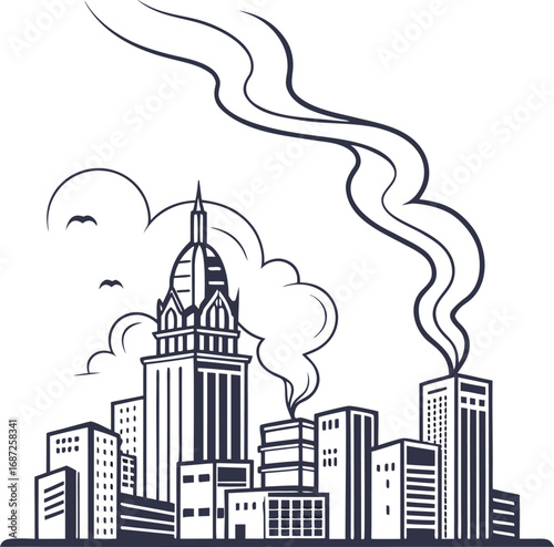 Vector Illustration of Air Pollution Over Urban Skyline – Environmental Hazard Concept in Minimal Style