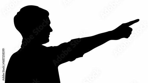 Silhouette of a man pointing his finger outward with his arm extended against a white background image