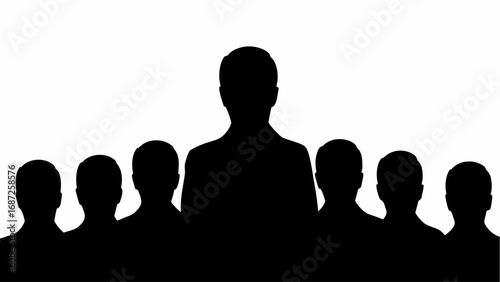Silhouette illustration of a group of people with one person standing out in front of the others in black