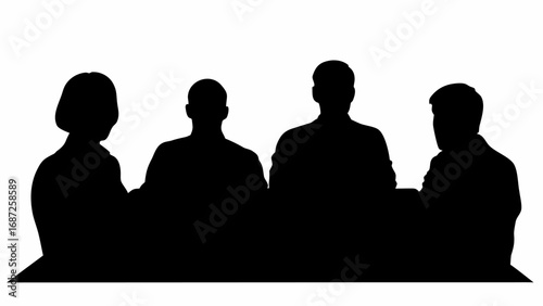 Silhouette depiction of four individuals seated at a table against a white background in a meeting setting