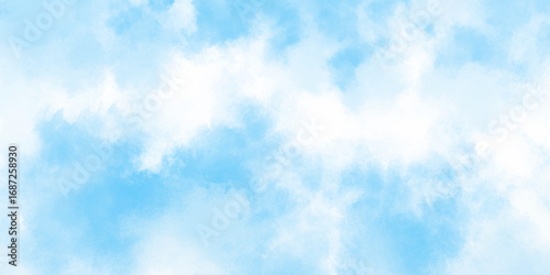 Blue sky with white clouds Abstract nature background of romantic summer. Sunny sky blue light watercolor aquarelle painting brush effect. Fantastic fuzzy and puffy blue sky for design.	
