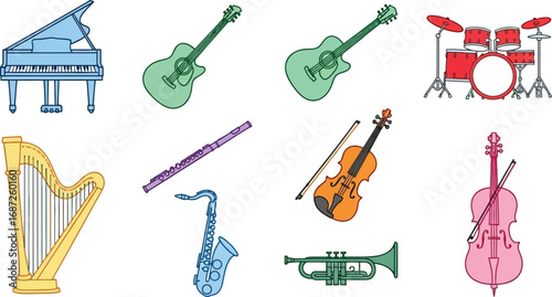 Colorful illustration of various musical instruments