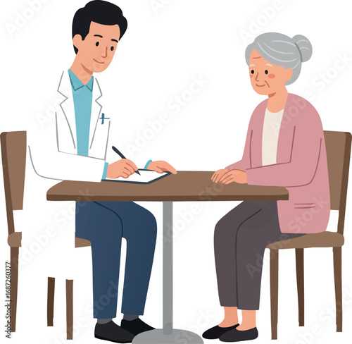 Doctor consulting elderly patient sitting at table in medical office vector illustration