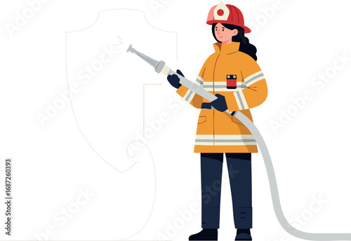 Firefighter woman holding hose in orange uniform and red helmet standing ready for emergency response vector illustration