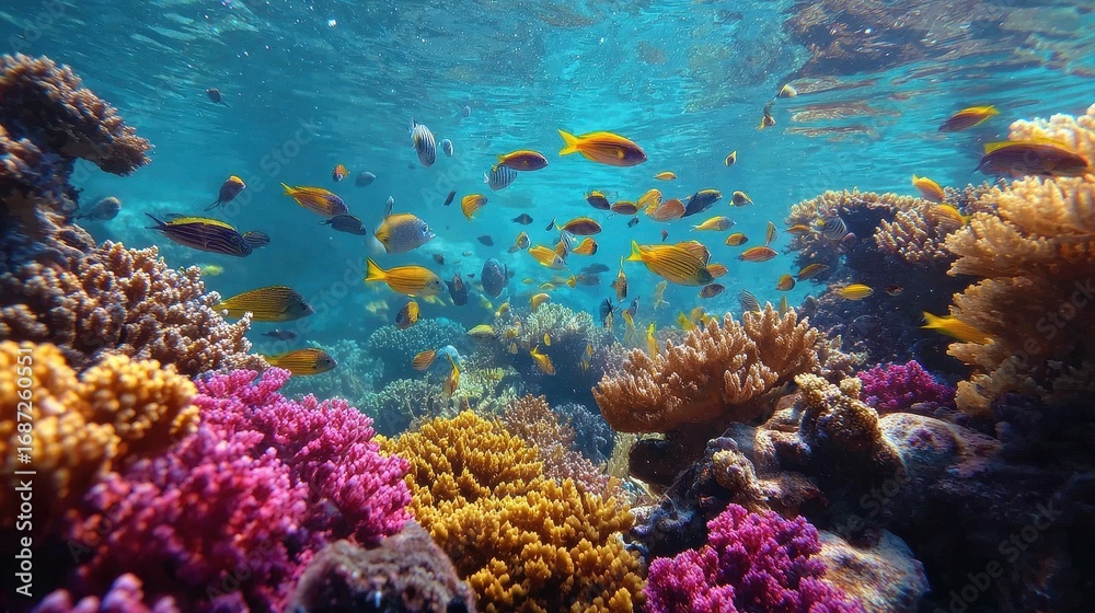 Fototapeta premium Vibrant Coral Reef Underwater Scene with Colorful Tropical Fish