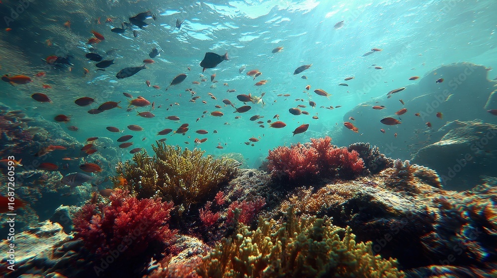 Fototapeta premium Underwater Scene with Colorful Coral Reef and Vibrant Fish Life
