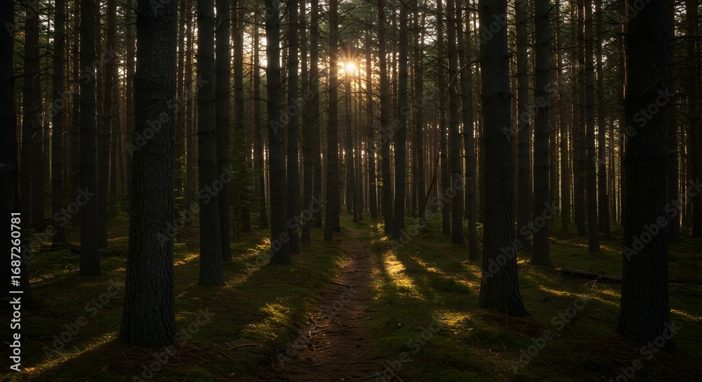 Fototapeta premium Forest Path Design Sunlit Trail Through Dark Pines