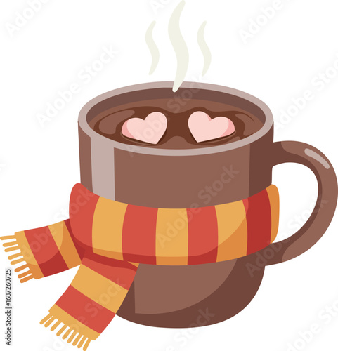 Hot chocolate mug with red and yellow striped scarf and heart shapes in steam vector illustration cozy winter beverage cup