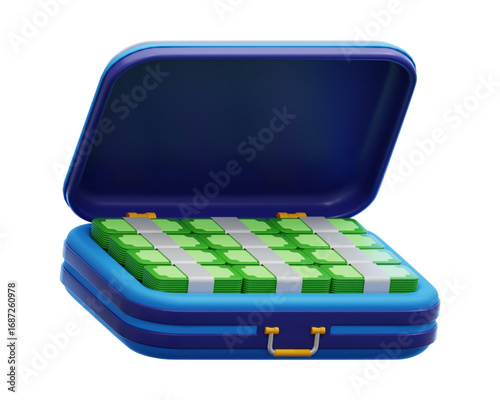 Vibrant 3D illustration of an open blue briefcase brimming with neatly stacked green currency. Symbolizes wealth, financial success, lucrative business, and investment opportunities