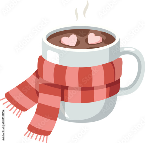Hot chocolate cup with red striped scarf and heart marshmallows cozy winter drink vector illustration