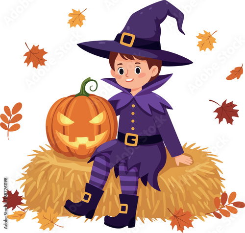 Child in purple witch costume sitting on haystack with carved pumpkin and autumn leaves Halloween theme vector illustration