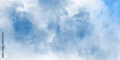 Abstract white and blue isolated cloud cumulus clouds. Gray aquarelle painted realistic fog or mist smoky textured canvas design. White and ash messy wall stucco texture background.	